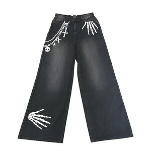 Hot Topic Skeleton Hands Jeans Womens SZ S M Black Wide Leg Goth Emo Punk Y2K